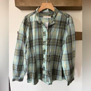 LOFT|Plaid ruffle front casual long sleeve button down shirt,NWT••Cotton & modal
